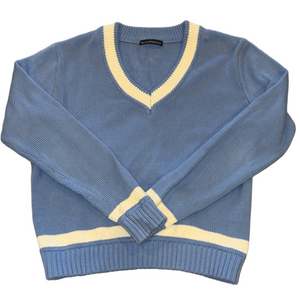 Brandy Melville Woman’s S Blue & White V-Neck Cropped Knit Sweater